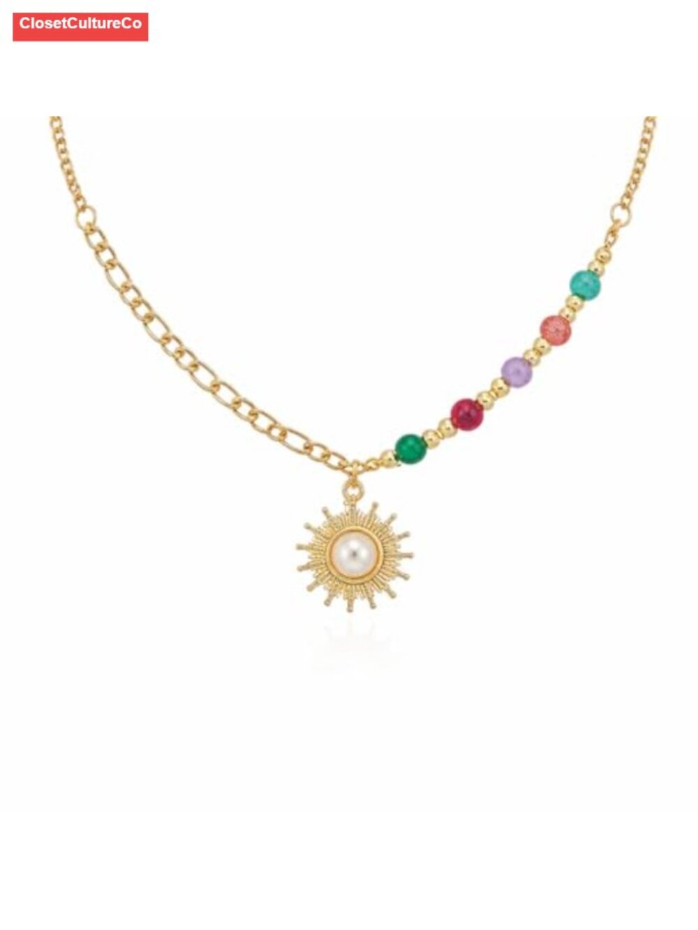 Sun Pendant Necklace Gold Tone Chain Colorful Beaded Statement Boho Women's